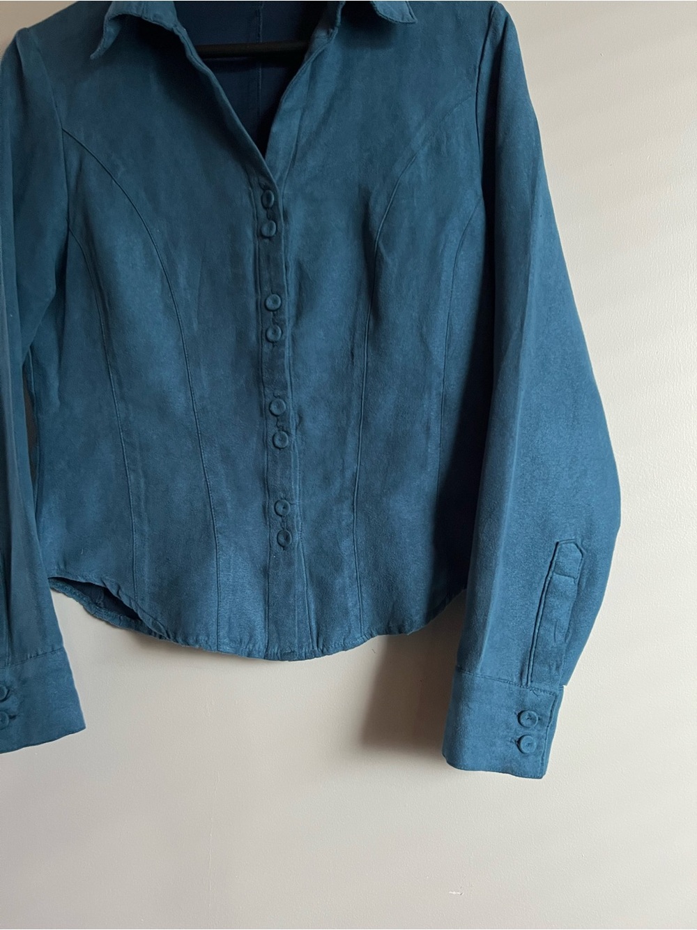 Beechers Brook Teal Faux Suede Button Front Blouse Small Vintage Career Top - Picture 2 of 8